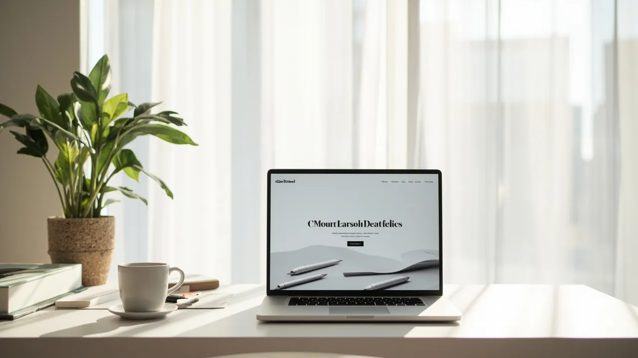 Symbolbild: ein aufgeklappter Laptop auf einem aufgeräumten Schreibtisch zeigt eine persönliche Portfolio-Website mit Projektgalerie und Profilfoto